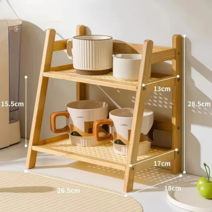 2-Tier Retro Bamboo Storage Shelf - Countertop Organizer for Kitchen & Dressing Table
