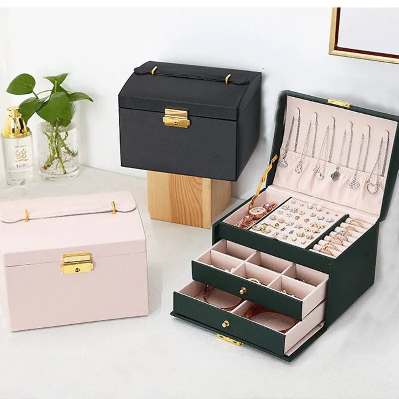 Drawer Jewelry Box – Three Layer Leather Lockable Case
