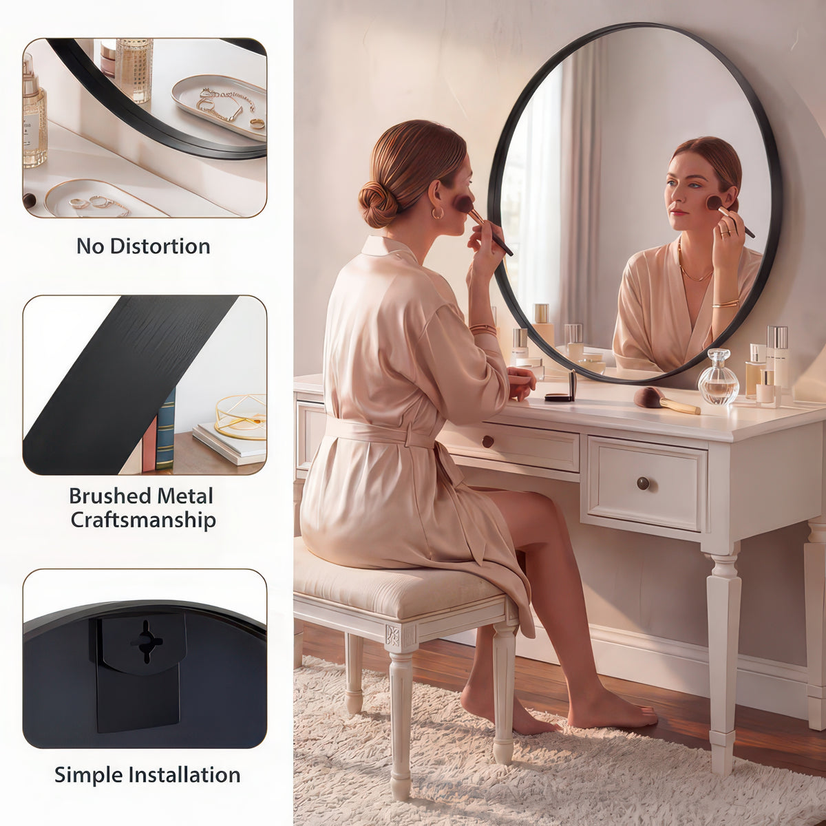 Groove Round Framed Wall Vanity Mirror, Matte Metal Frame