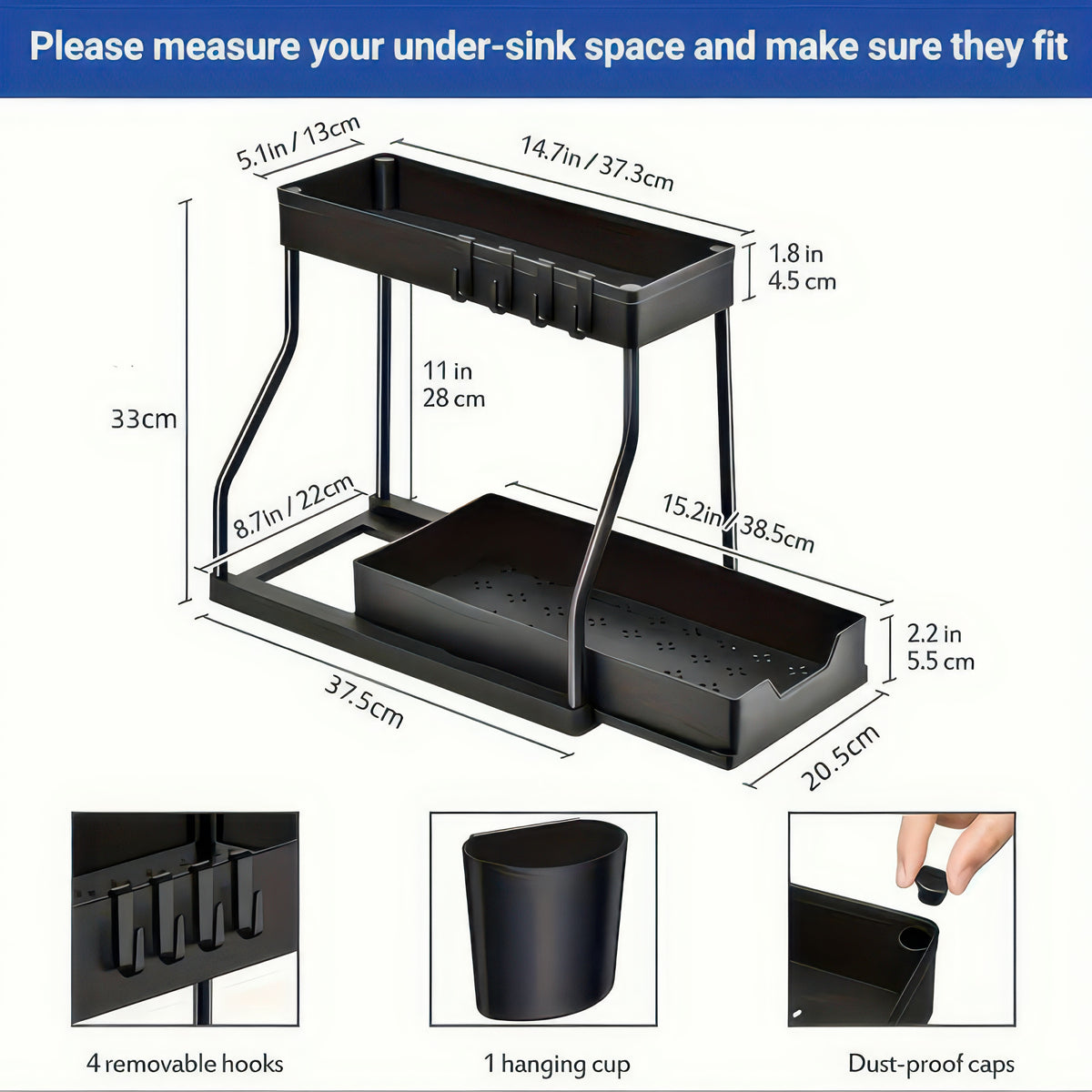 Space Saving 2-Tier Under-Sink Pull-Out Storage Organizer for Kitchen & Bathroom