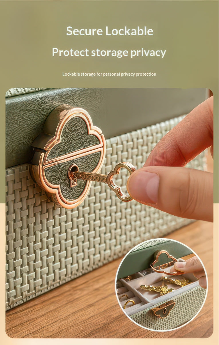 Double-Layer Lockable Jewelry Box with Mirror and 13 Compartments