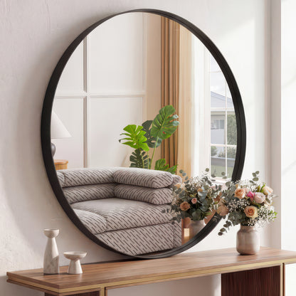 Groove Round Framed Wall Vanity Mirror, Matte Metal Frame