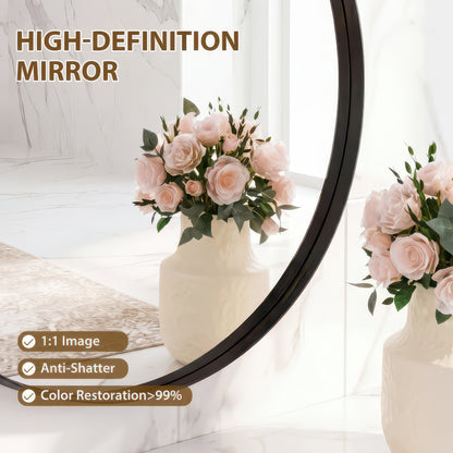 Groove Round Framed Wall Vanity Mirror, Matte Metal Frame