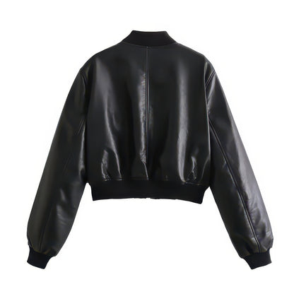 Women's Short Faux Leather Pilot Jacket, Slim Zip-Up Coat for Autumn