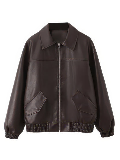 Women's Vintage Faux Leather Moto Jacket, Short Zip-Up Biker Coat for Spring and Autumn
