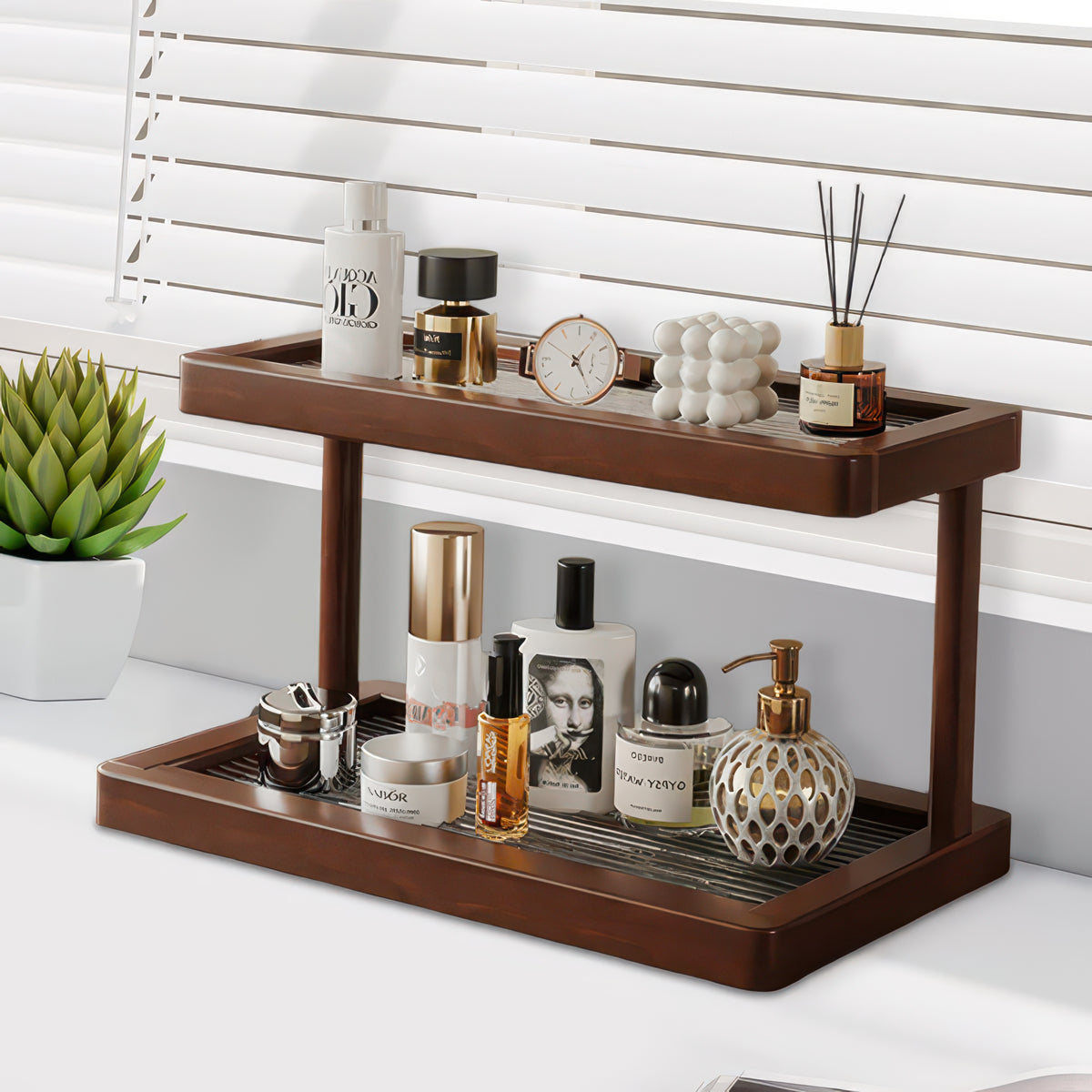 2-Tier Bamboo Countertop Shelf with Clear Acrylic Bottom for Cosmetics & Spices