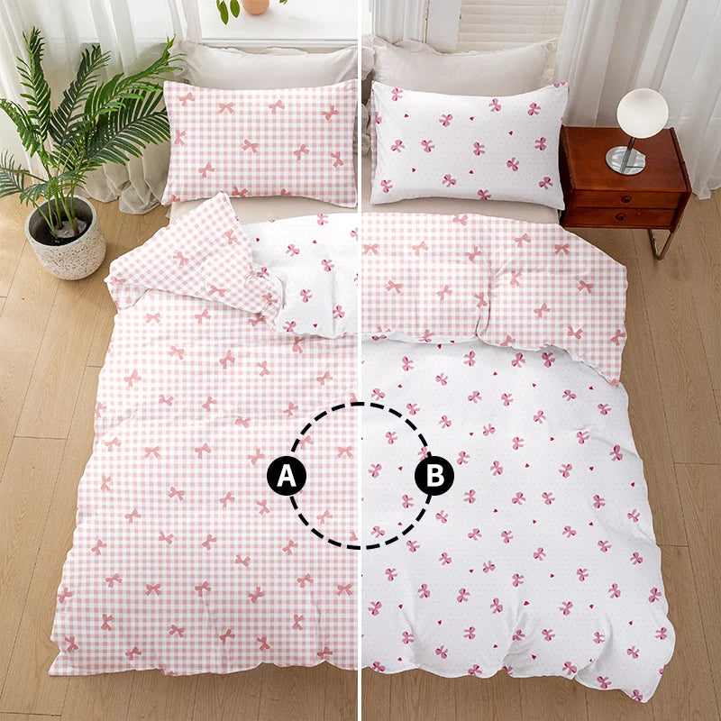Plaid Duvet Cover Set – Bow Print 3pcs Soft Bedding