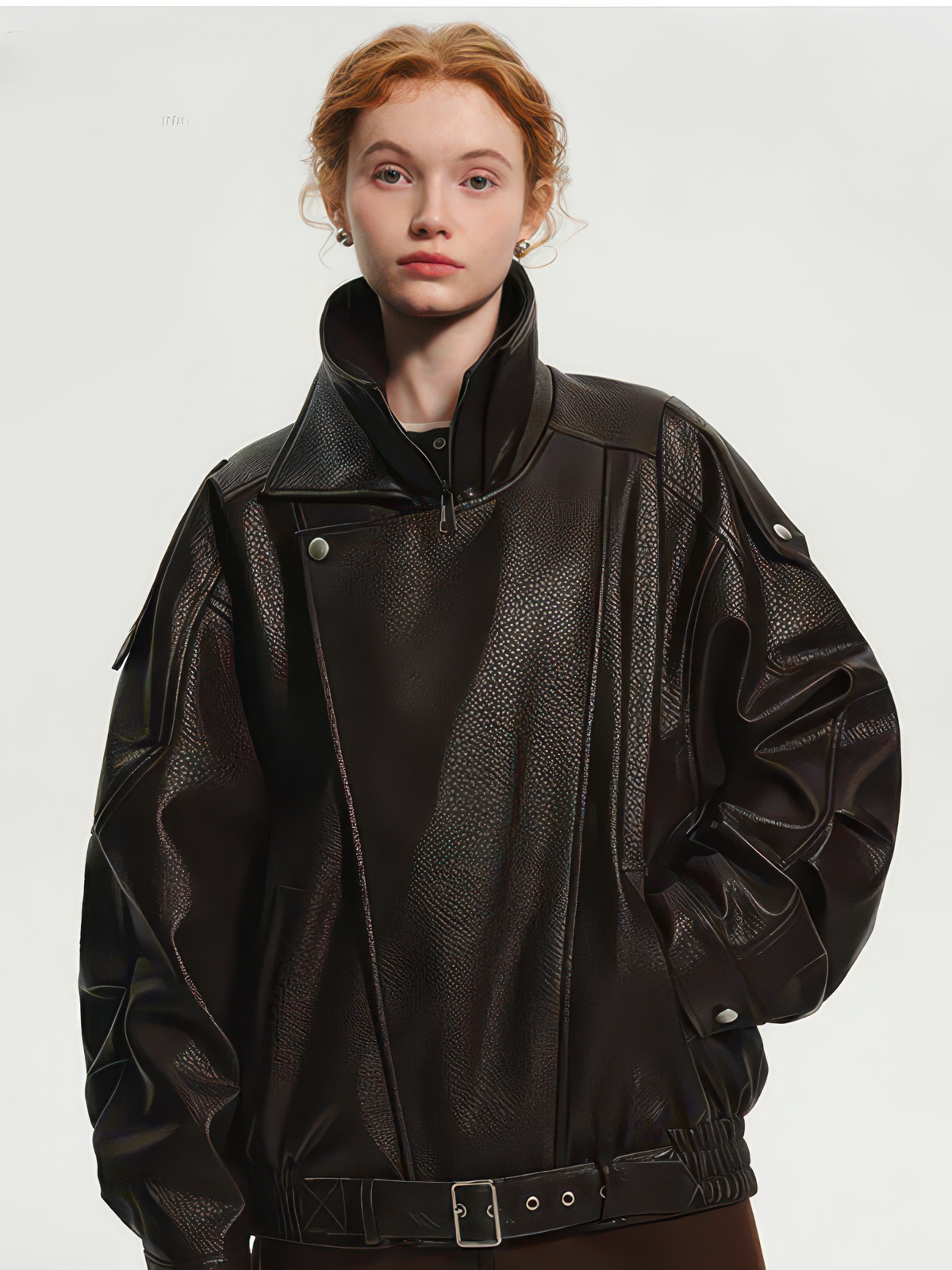 Women's Oversized PU Leather Jacket, Zip-Up Retro American Style Coat in Brown and Black