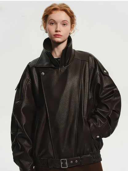 Women's Oversized PU Leather Jacket, Zip-Up Retro American Style Coat in Brown and Black