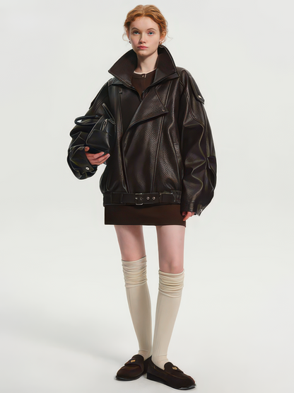 Women's Oversized PU Leather Jacket, Zip-Up Retro American Style Coat in Brown and Black