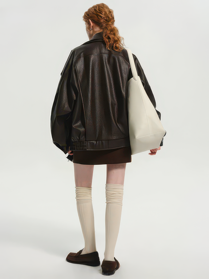Women's Oversized PU Leather Jacket, Zip-Up Retro American Style Coat in Brown and Black