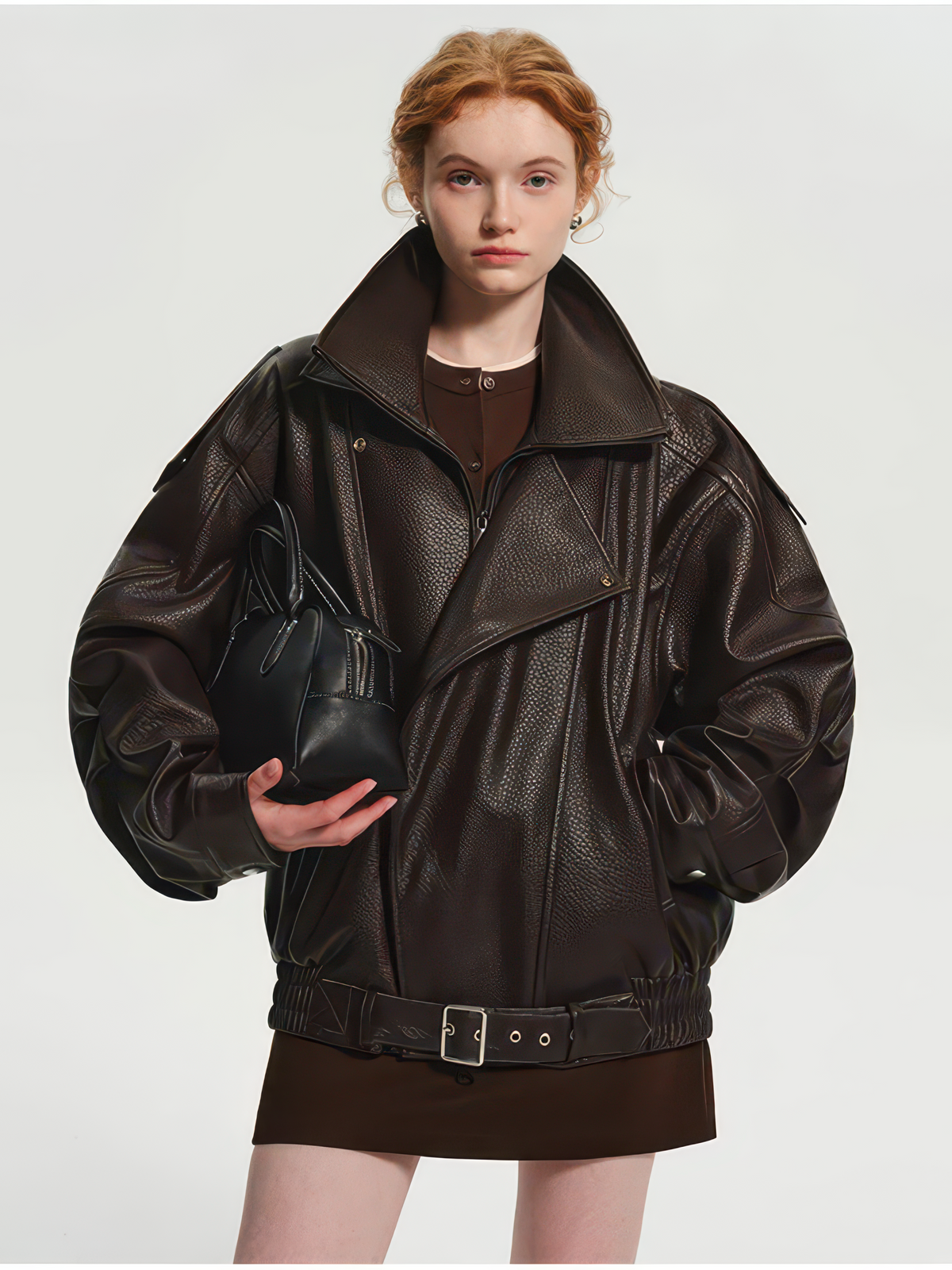 Women's Oversized PU Leather Jacket, Zip-Up Retro American Style Coat in Brown and Black
