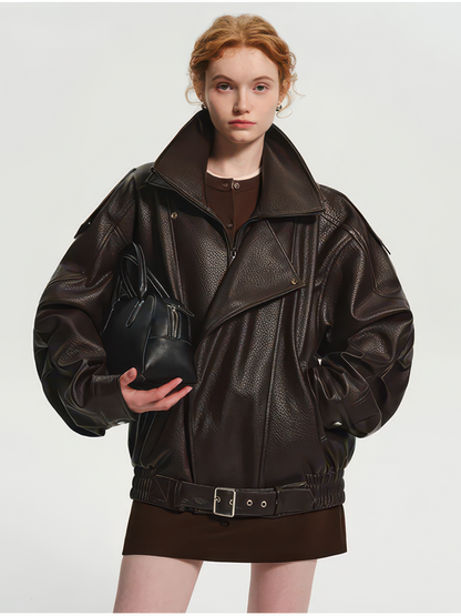 Women's Oversized PU Leather Jacket, Zip-Up Retro American Style Coat in Brown and Black