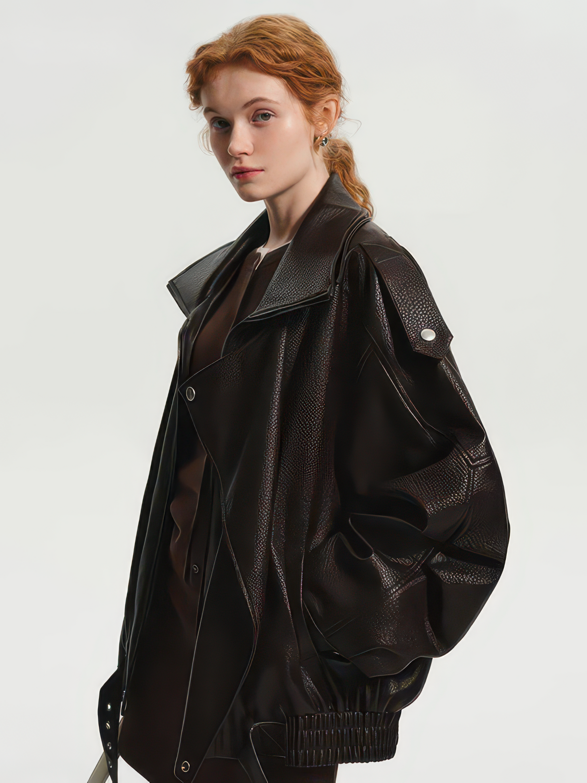 Women's Oversized PU Leather Jacket, Zip-Up Retro American Style Coat in Brown and Black