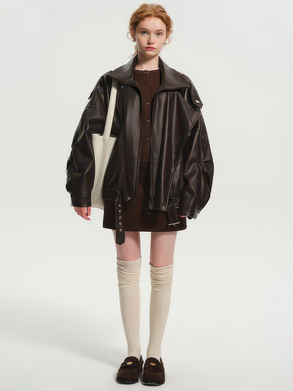 Women's Oversized PU Leather Jacket, Zip-Up Retro American Style Coat in Brown and Black