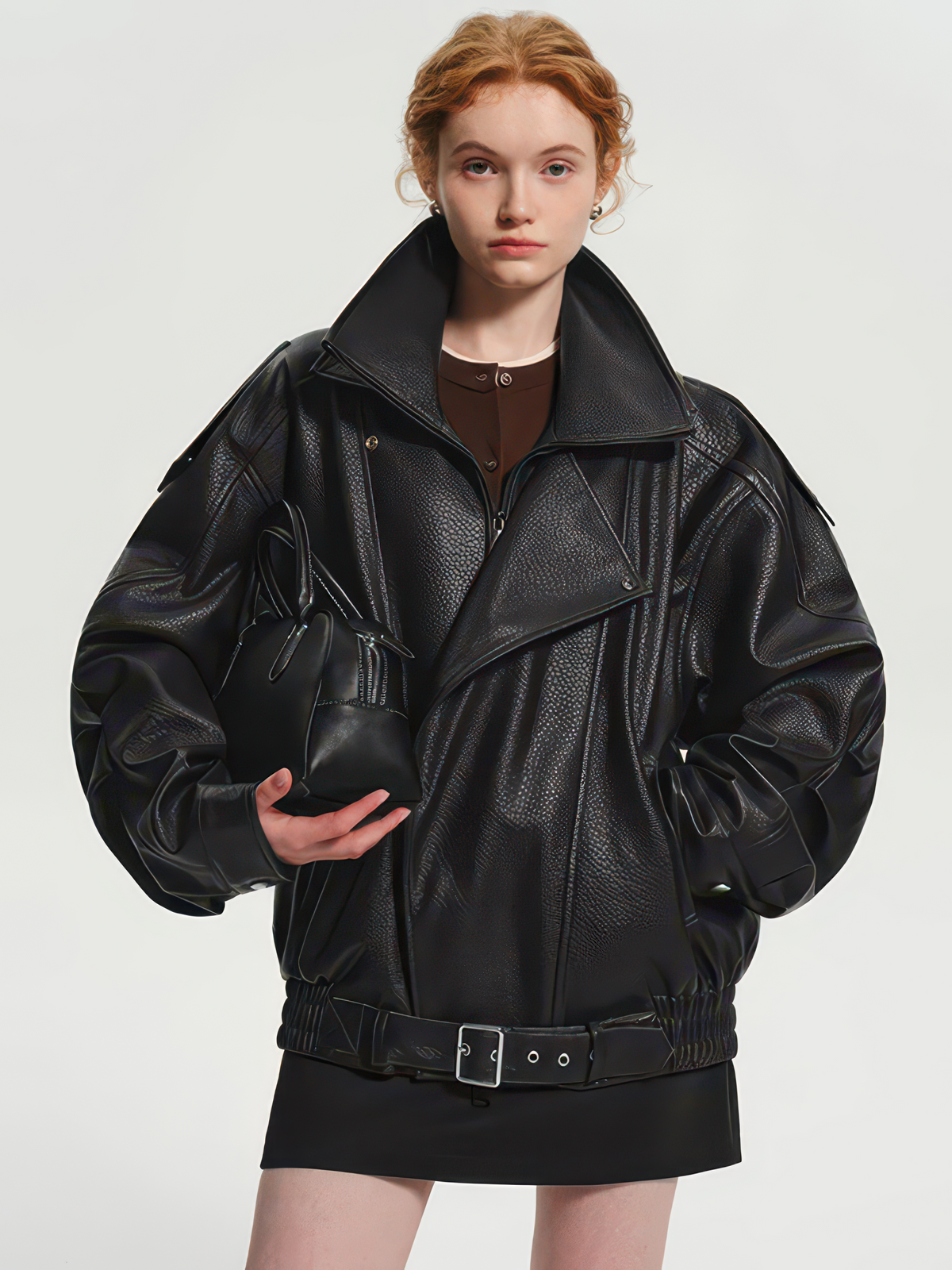 Women's Oversized PU Leather Jacket, Zip-Up Retro American Style Coat in Brown and Black
